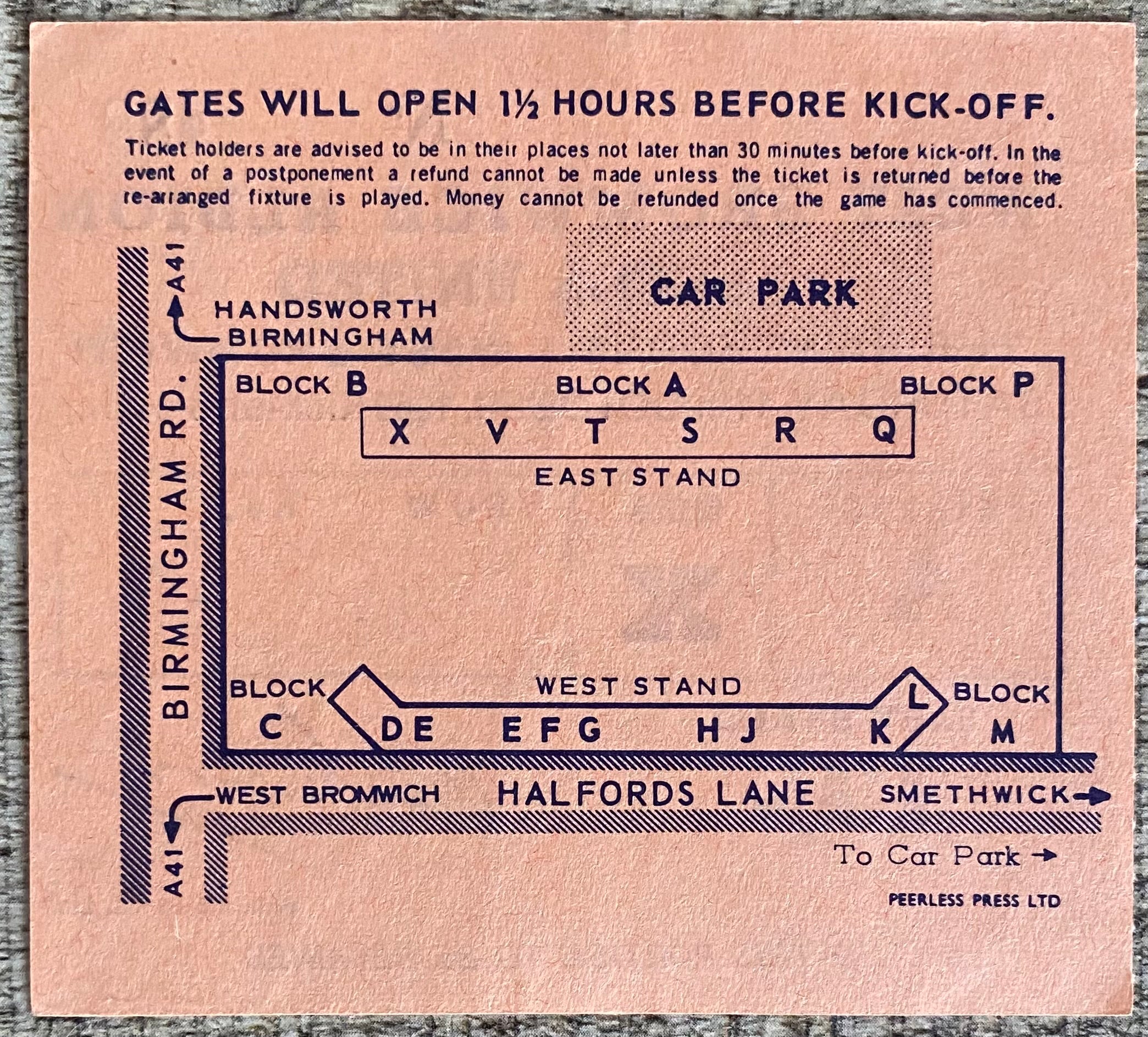 1969/70 ORIGINAL DIVISION 1 TICKET WEST BROMWICH ALBION V LEEDS UNITED