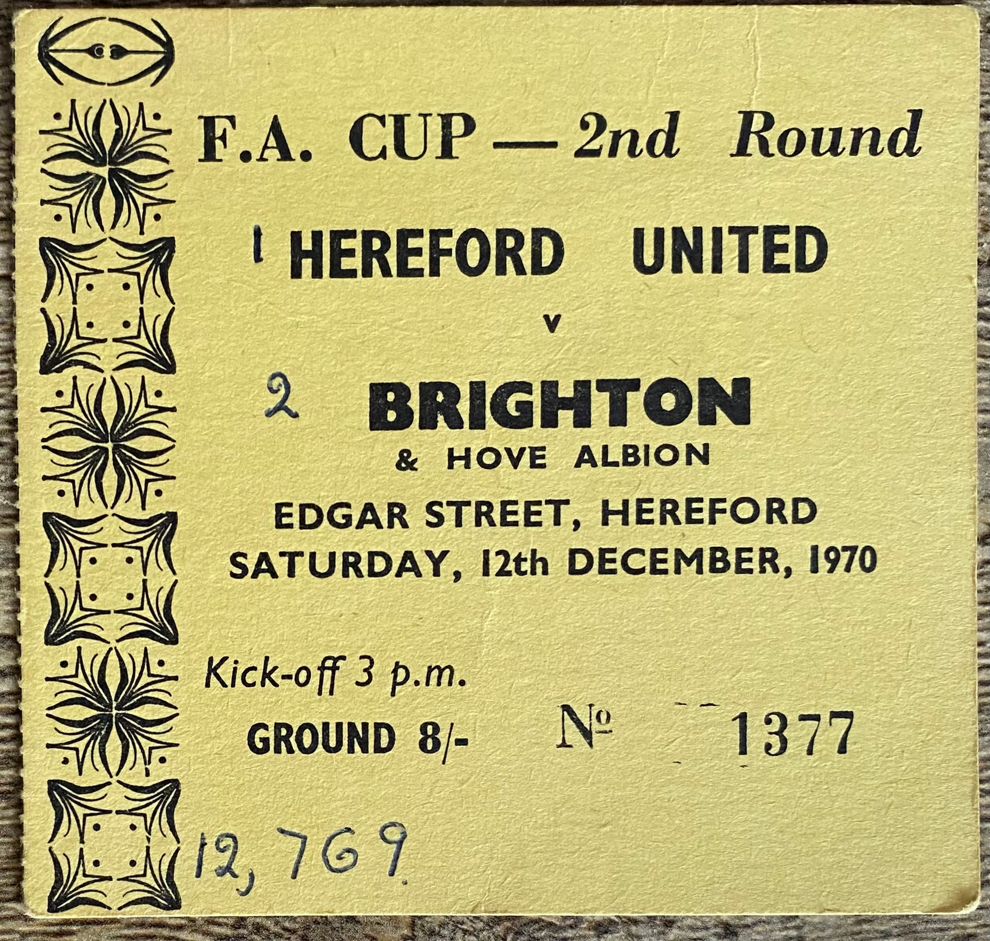 1970/71 ORIGINAL FA CUP 2ND ROUND TICKET HEREFORD UNITED V BRIGHTON AND HOVE ALBION