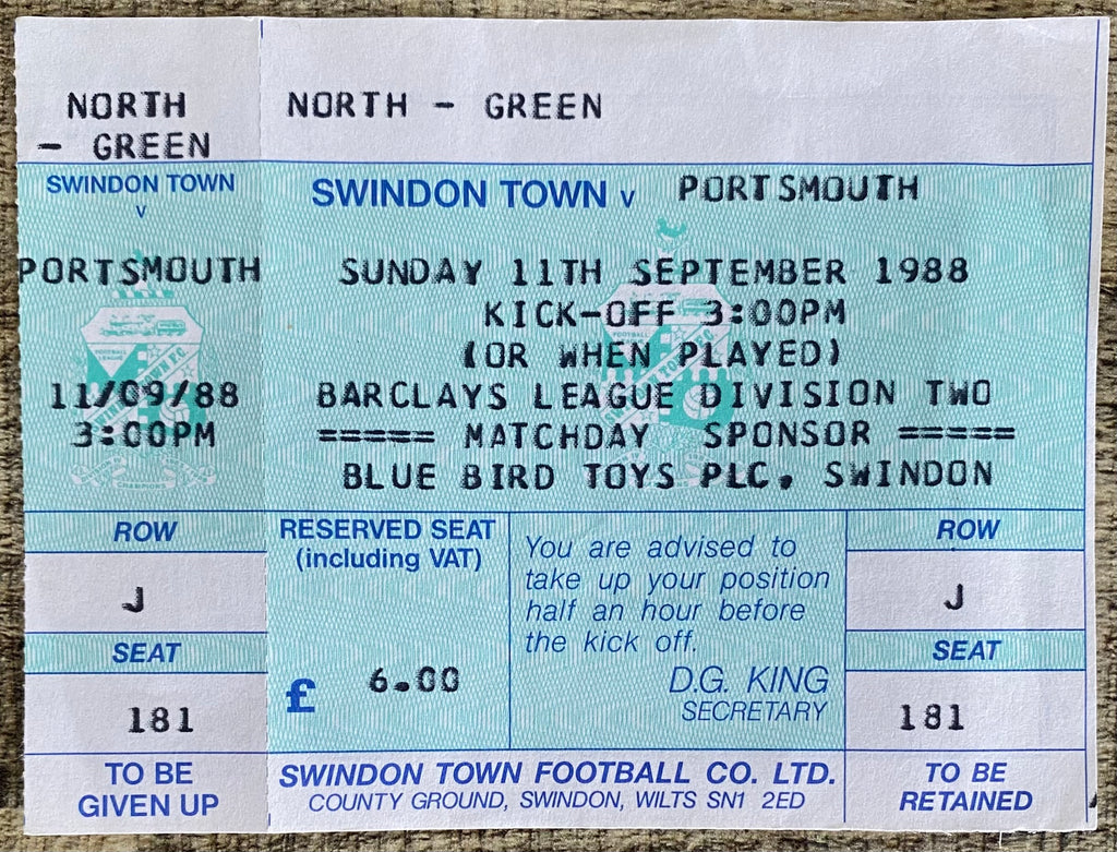 1988/89 ORIGINAL DIVISION 2 UNUSED TICKET SWINDON TOWN V PORTSMOUTH