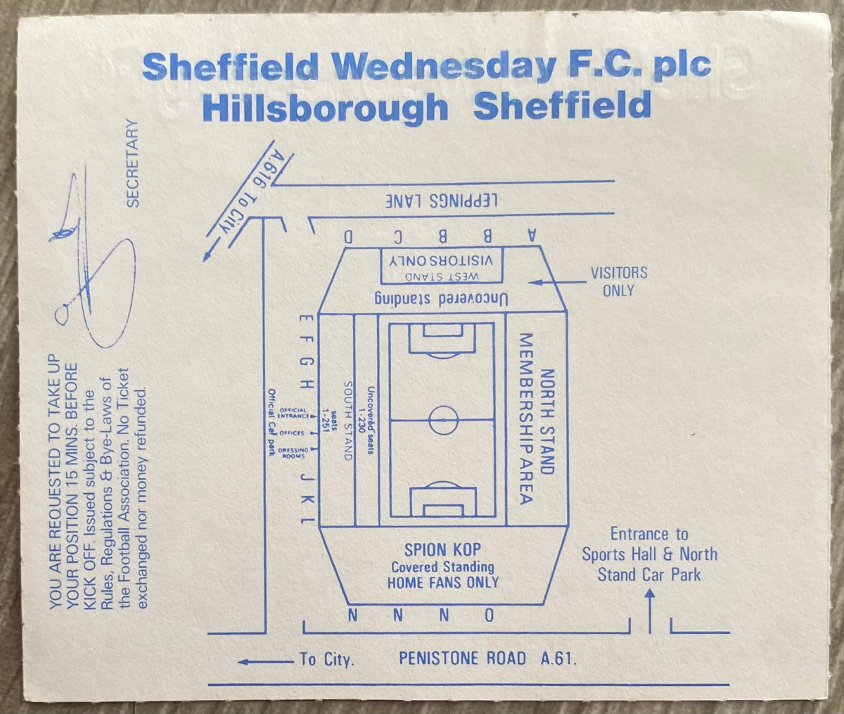 1988/89 ORIGINAL DIVISION ONE TICKET SHEFFIELD WEDNESDAY V CHARLTON ATHLETIC