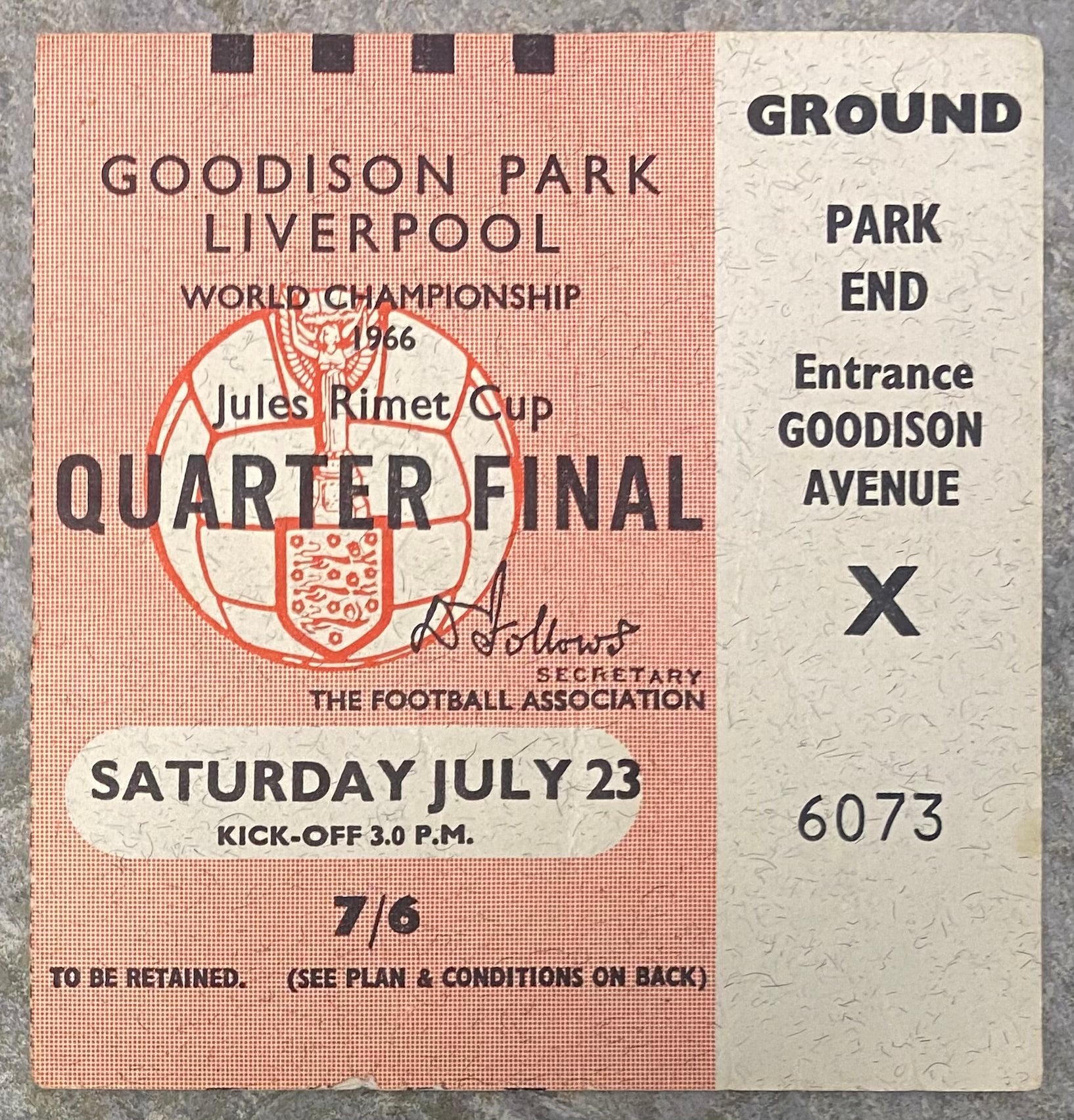1966 ORIGINAL WORLD CUP QUARTER FINAL TICKET PORTUGAL V NORTH KOREA @ GOODISON PARK