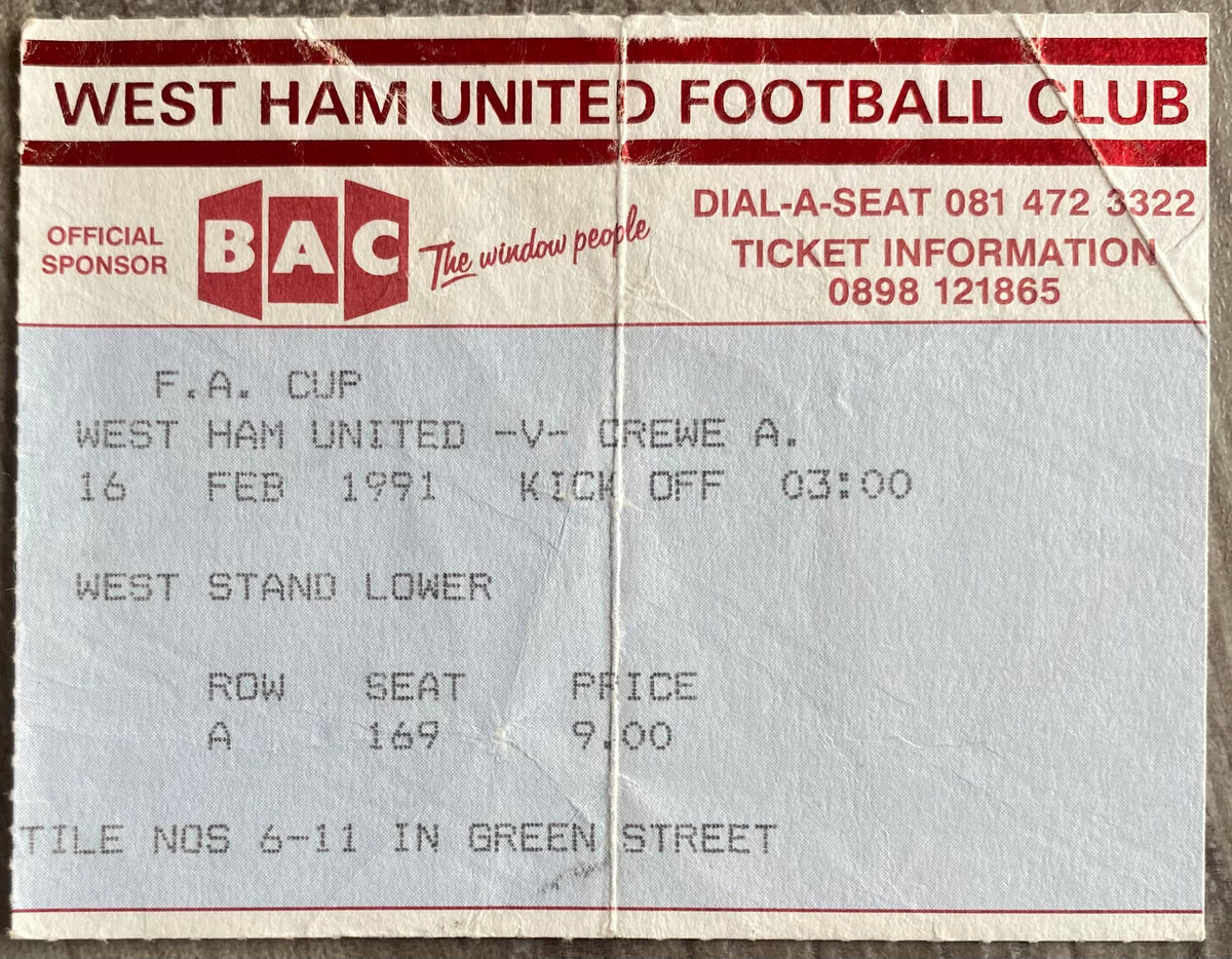 1990/91 ORIGINAL FA CUP 5TH ROUND TICKET WEST HAM UNITED V CREWE ALEXANDRA