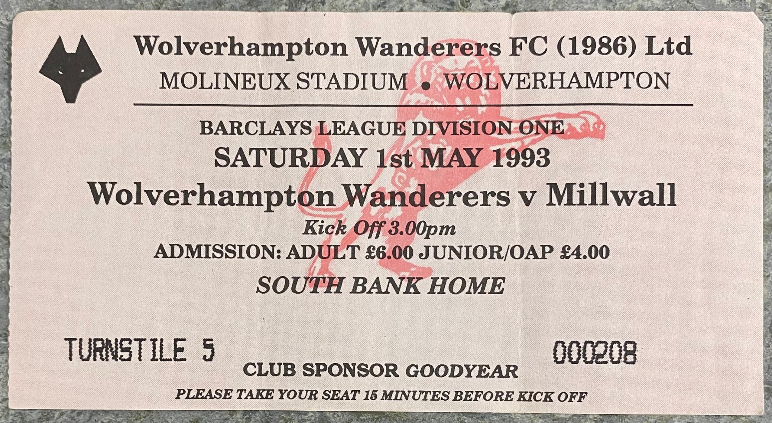 1992/93 ORIGINAL DIVISION 1 TICKET WOLVERHAMPTON WANDERERS V MILLWALL