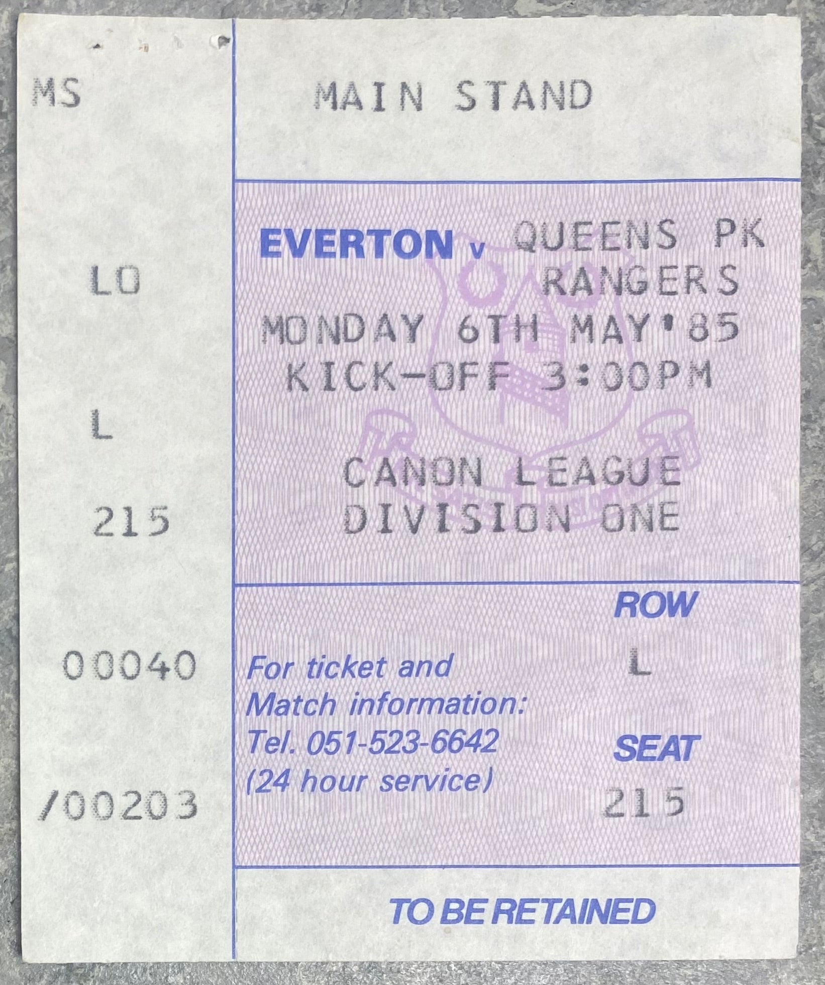 1984/85 ORIGINAL DIVISION ONE TICKET EVERTON V QUEENS PARK RANGERS
