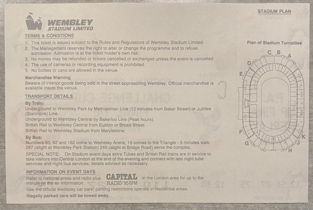 1990 ORIGINAL FA CUP FINAL REPLAY UNUSED TICKET MANCHESTER UNITED V CRYSTAL PALACE