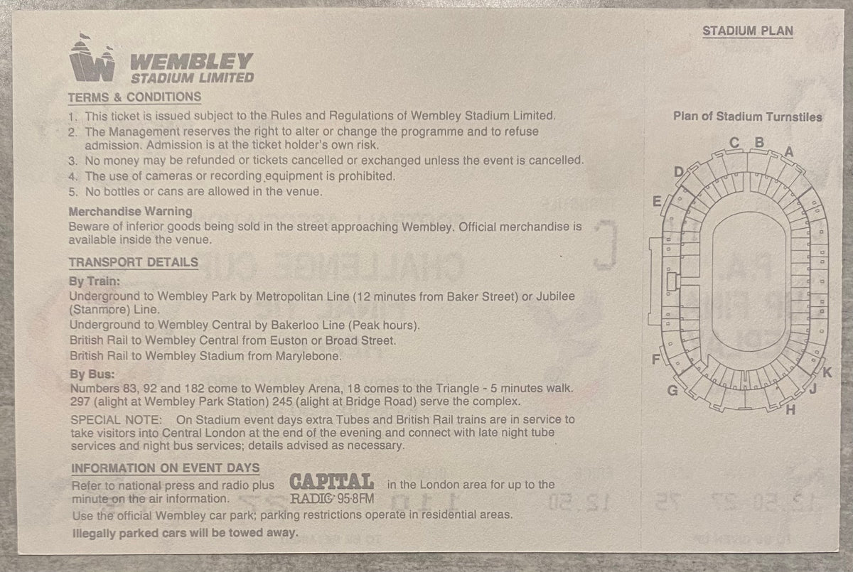 1990 ORIGINAL FA CUP FINAL REPLAY UNUSED TICKET MANCHESTER UNITED V CRYSTAL PALACE