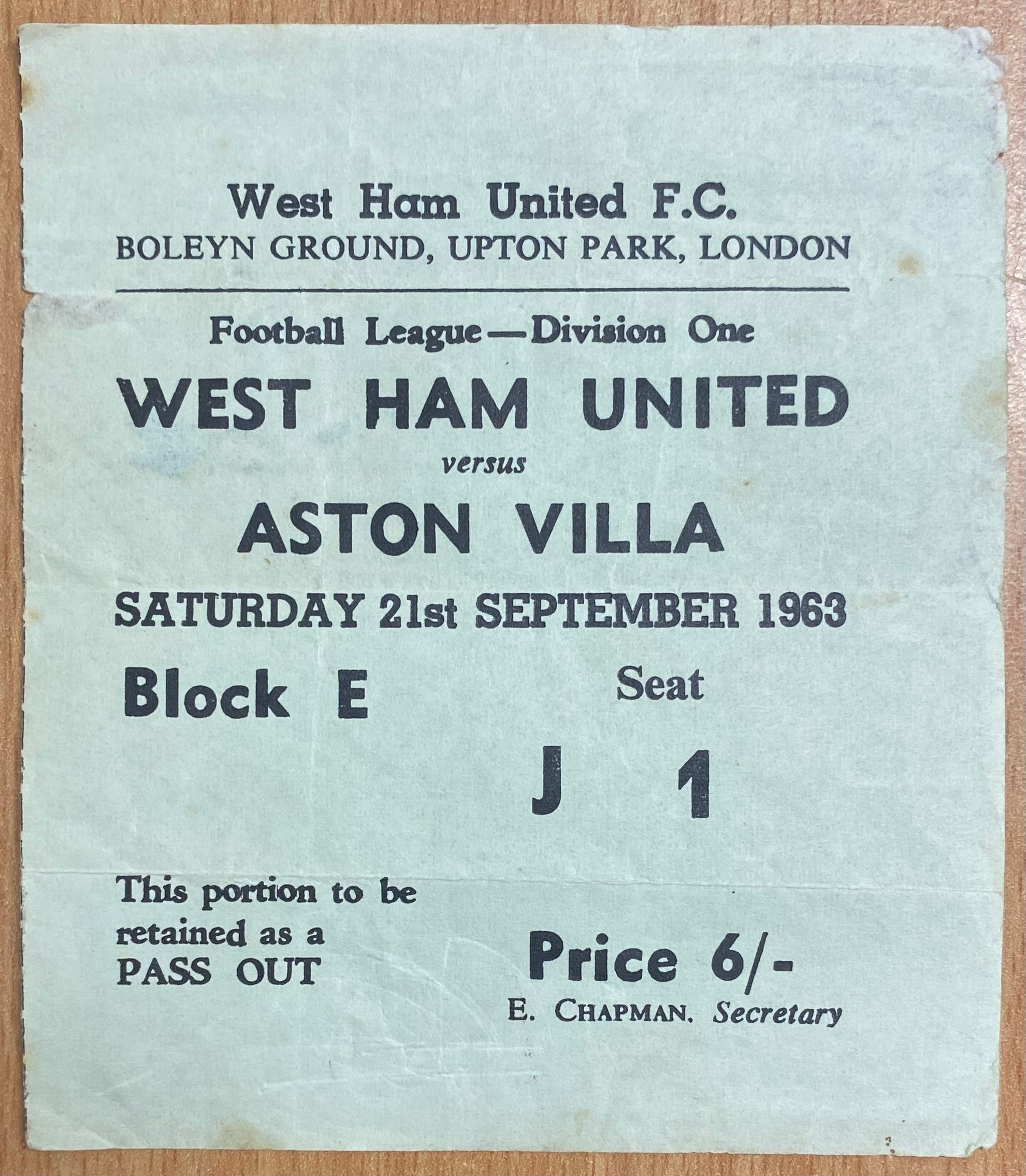 1963/64 ORIGINAL DIVISION ONE TICKET WEST HAM UNITED V ASTON VILLA