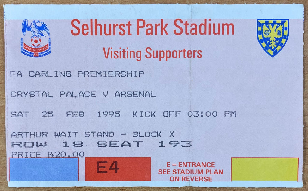 1994/95 ORIGINAL FA PREMIERSHIP TICKET CRYSTAL PALACE V ARSENAL
