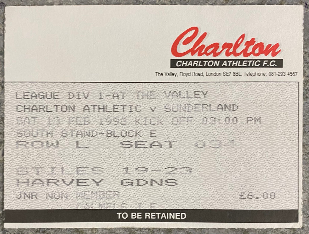 1992/93 ORIGINAL DIVISION 1 TICKET CHARLTON ATHLETIC V SUNDERLAND