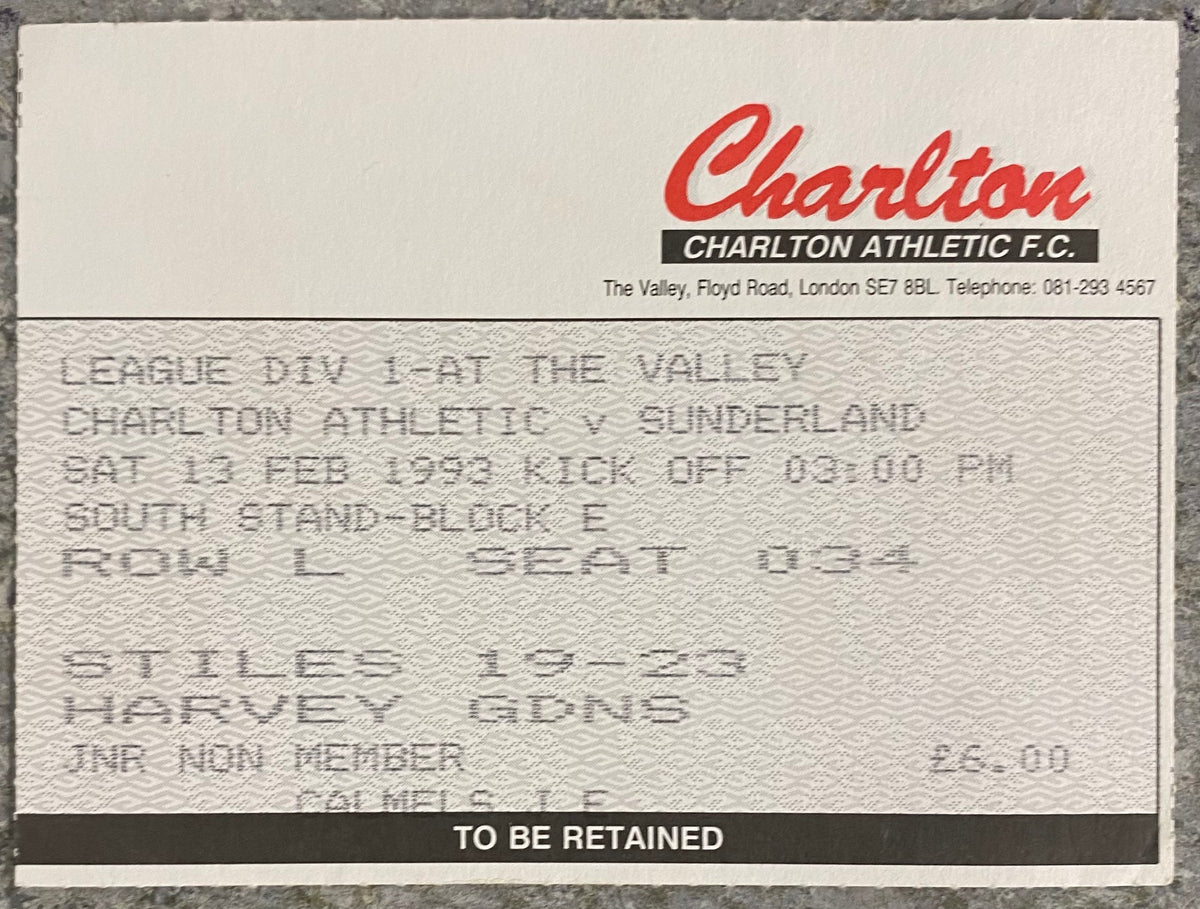 1992/93 ORIGINAL DIVISION 1 TICKET CHARLTON ATHLETIC V SUNDERLAND