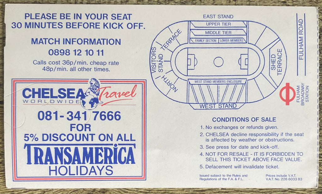1991/92 ORIGINAL DIVISION ONE TICKET CHELSEA V SHEFFIELD WEDNESDAY