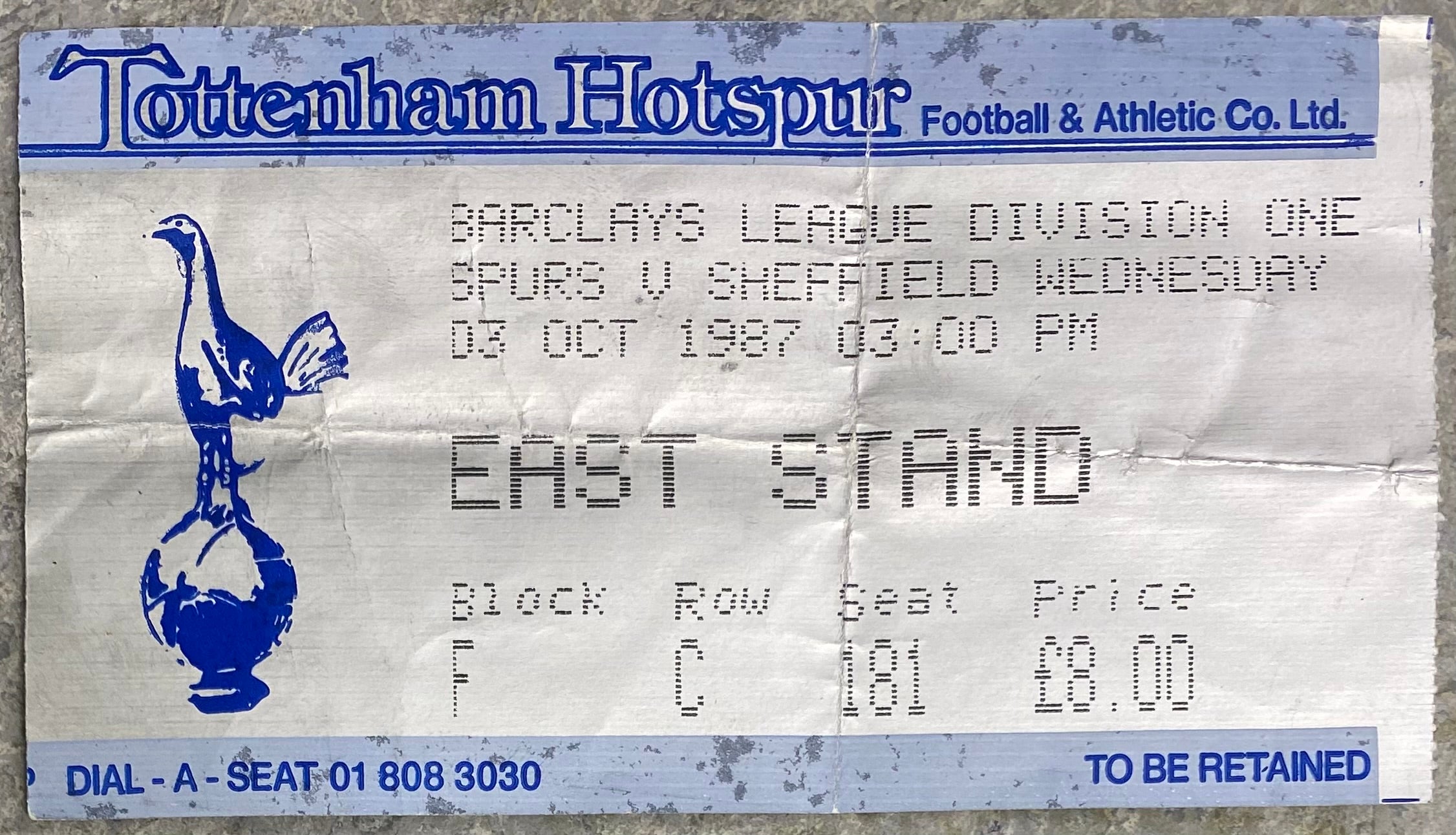 1987/88 ORIGINAL DIVISION ONE TICKET TOTTENHAM HOTSPUR V SHEFFIELD WEDNESDAY