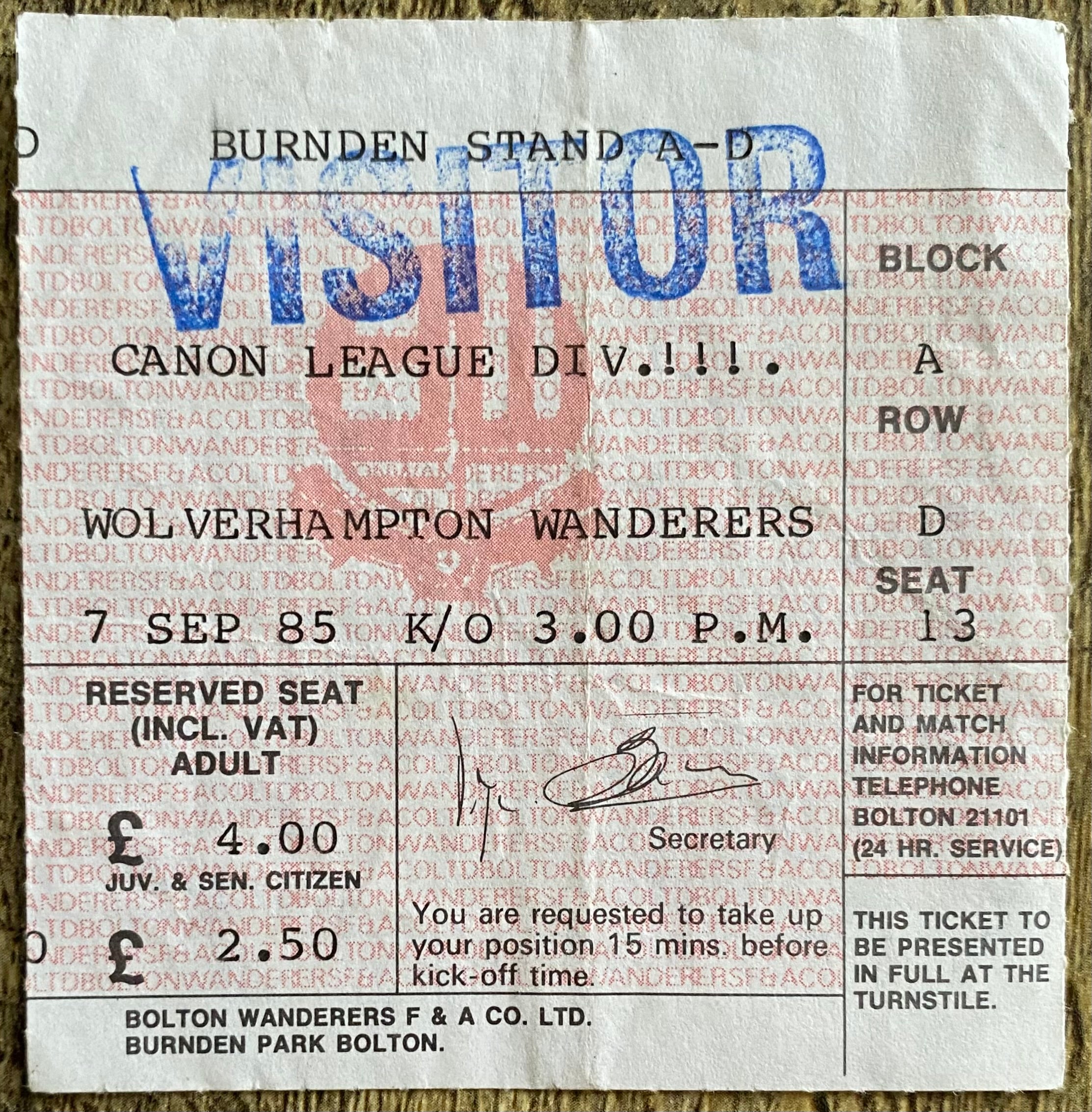 1985/86 ORIGINAL DIVISION 3 TICKET BOLTON WANDERERS V WOLVERHAMPTON WANDERERS