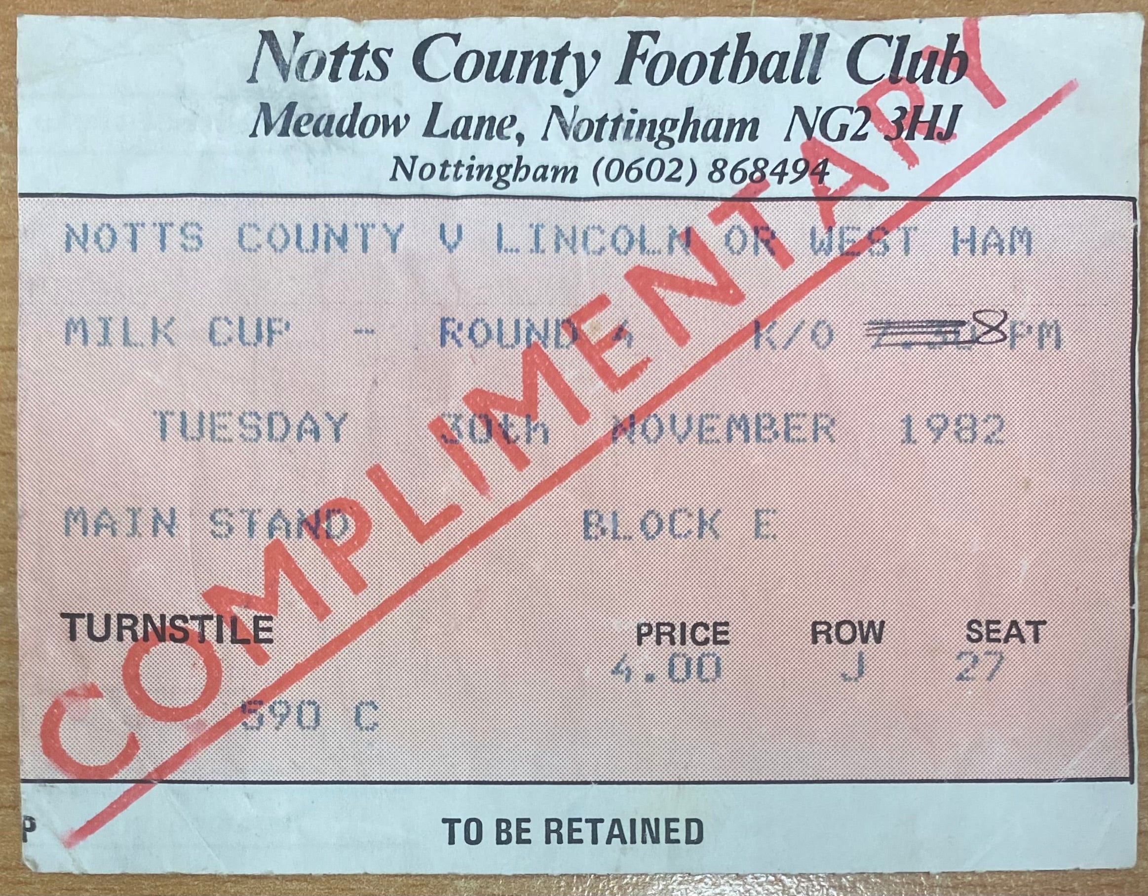 1982/83 ORIGINAL MILK CUP 3RD ROUND TICKET NOTTS COUNTY V WEST HAM UNITED