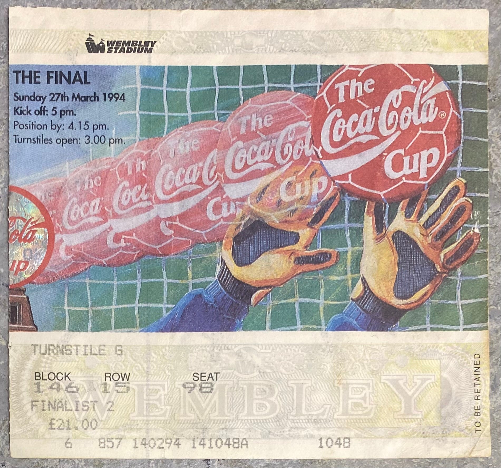 1994 ORIGINAL COCA COLA CUP FINAL TICKET MANCHESTER UNITED V ASTON VILLA