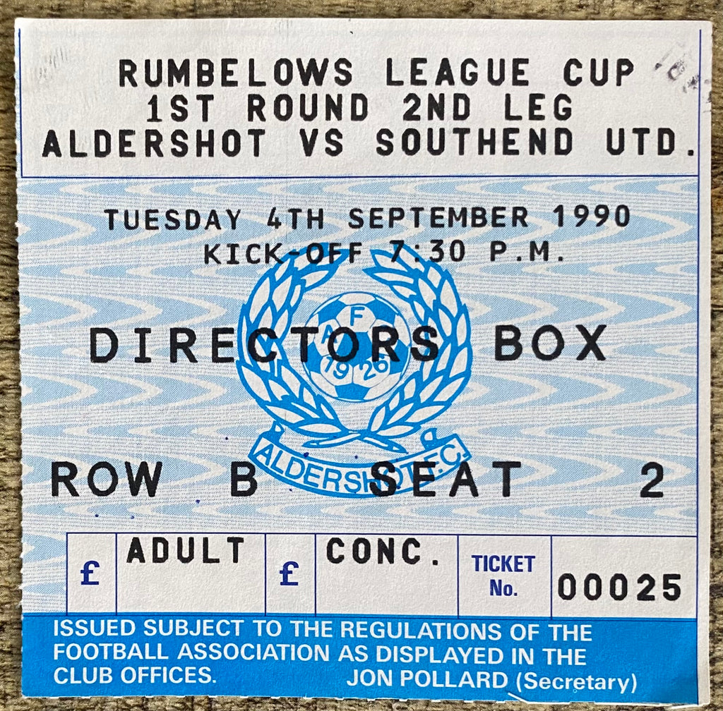 1990/91 ORIGINAL RUMBELOWS CUP 1ST ROUND 2ND LEG TICKET ALDERSHOT V SOUTHEND UNITED