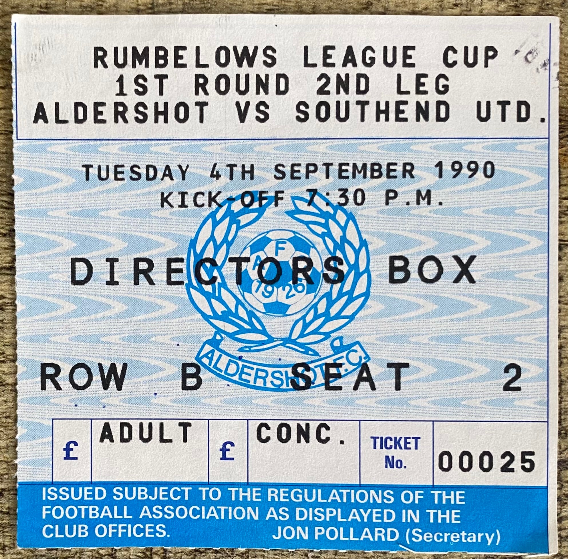 1990/91 ORIGINAL RUMBELOWS CUP 1ST ROUND 2ND LEG TICKET ALDERSHOT V SOUTHEND UNITED