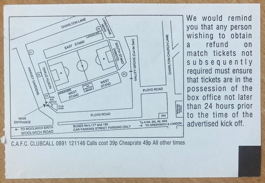 1994/95 ORIGINAL DIVISION 1 TICKET CHARLTON ATHLETIC V DERBY COUNTY