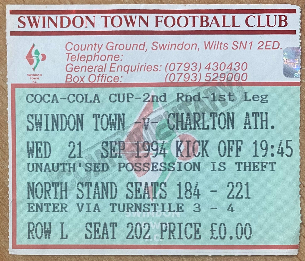 1994/95 ORIGINAL COCA COLA 2ND ROUND 1ST LEG TICKET SWINDON TOWN V CHARLTON ATHLETIC