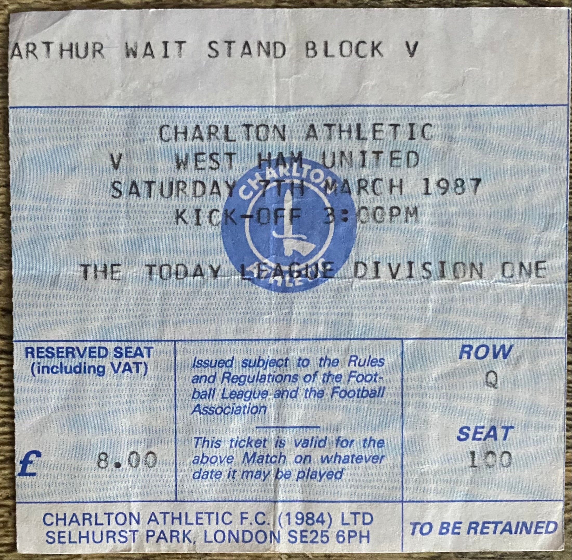 1986/87 ORIGINAL DIVISION 1 TICKET CHARLTON ATHLETIC V WEST HAM UNITED