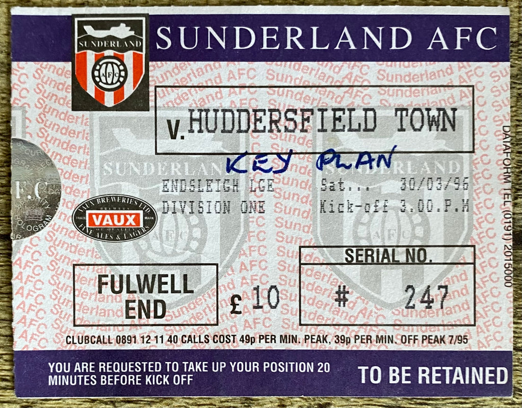1995/96 ORIGINAL DIVISION ONE TICKET SUNDERLAND v HUDDERSFIELD TOWN