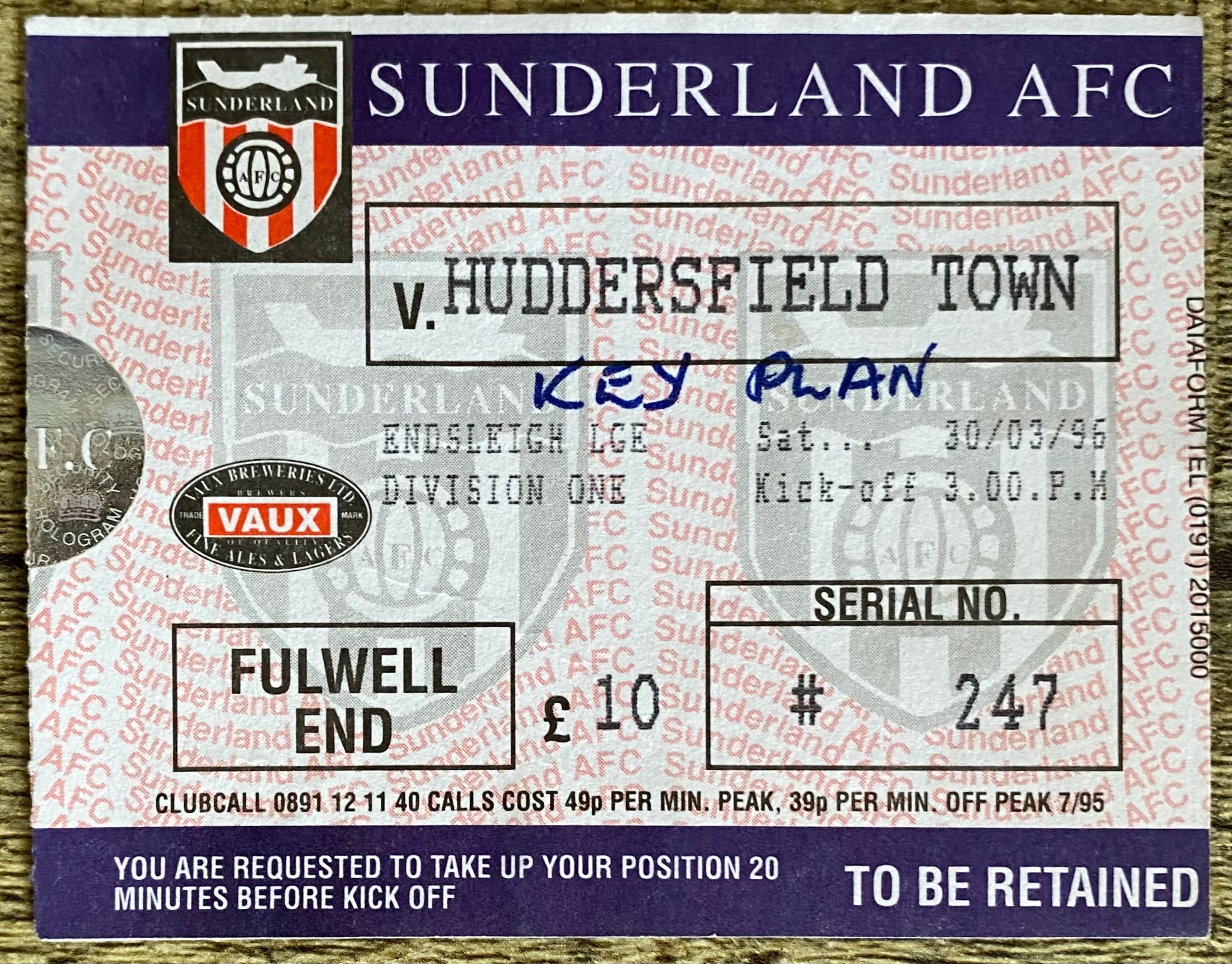 1995/96 ORIGINAL DIVISION ONE TICKET SUNDERLAND v HUDDERSFIELD TOWN