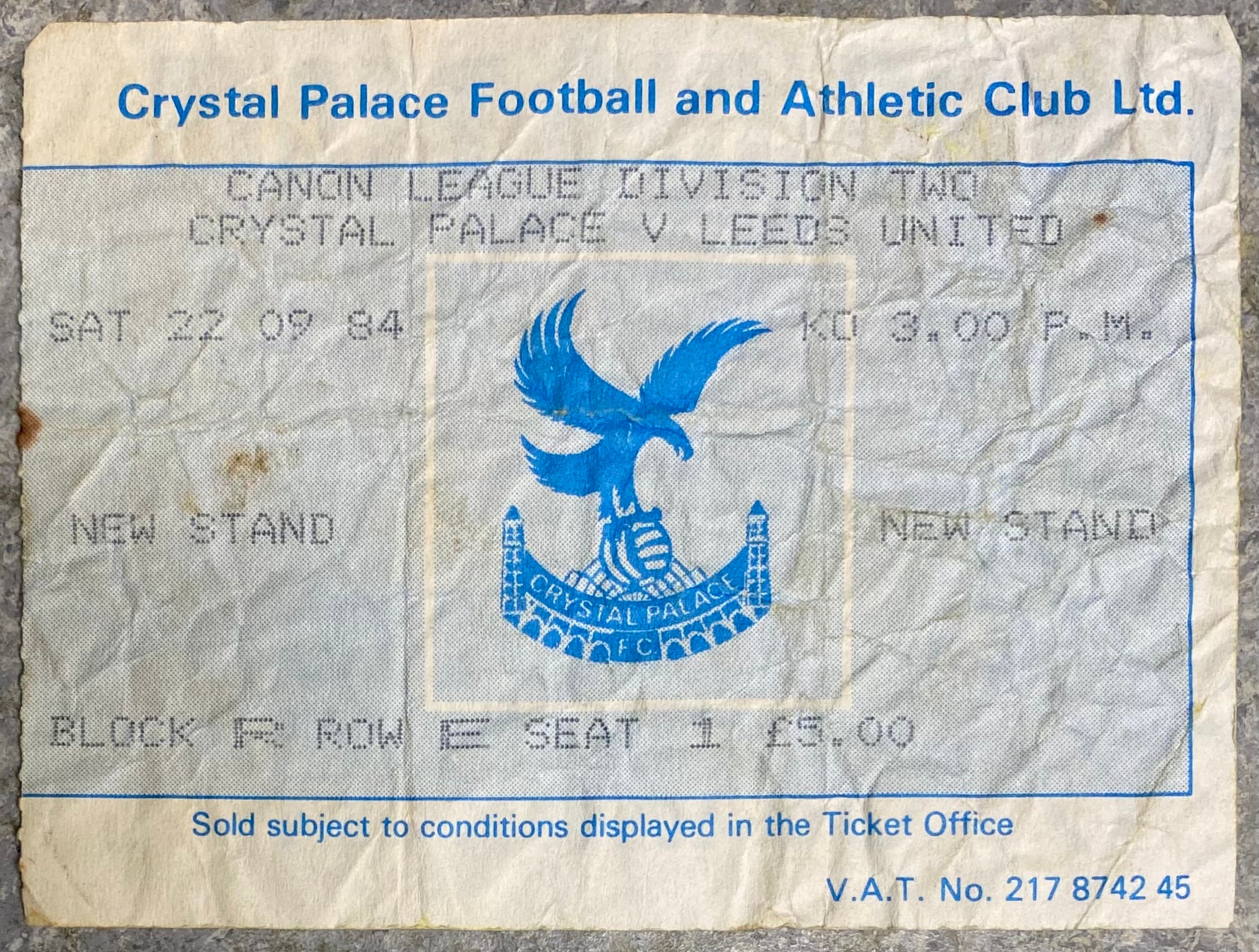 1984/85 ORIGINAL DIVISION TWO TICKET CRYSTAL PALACE V LEEDS UNITED