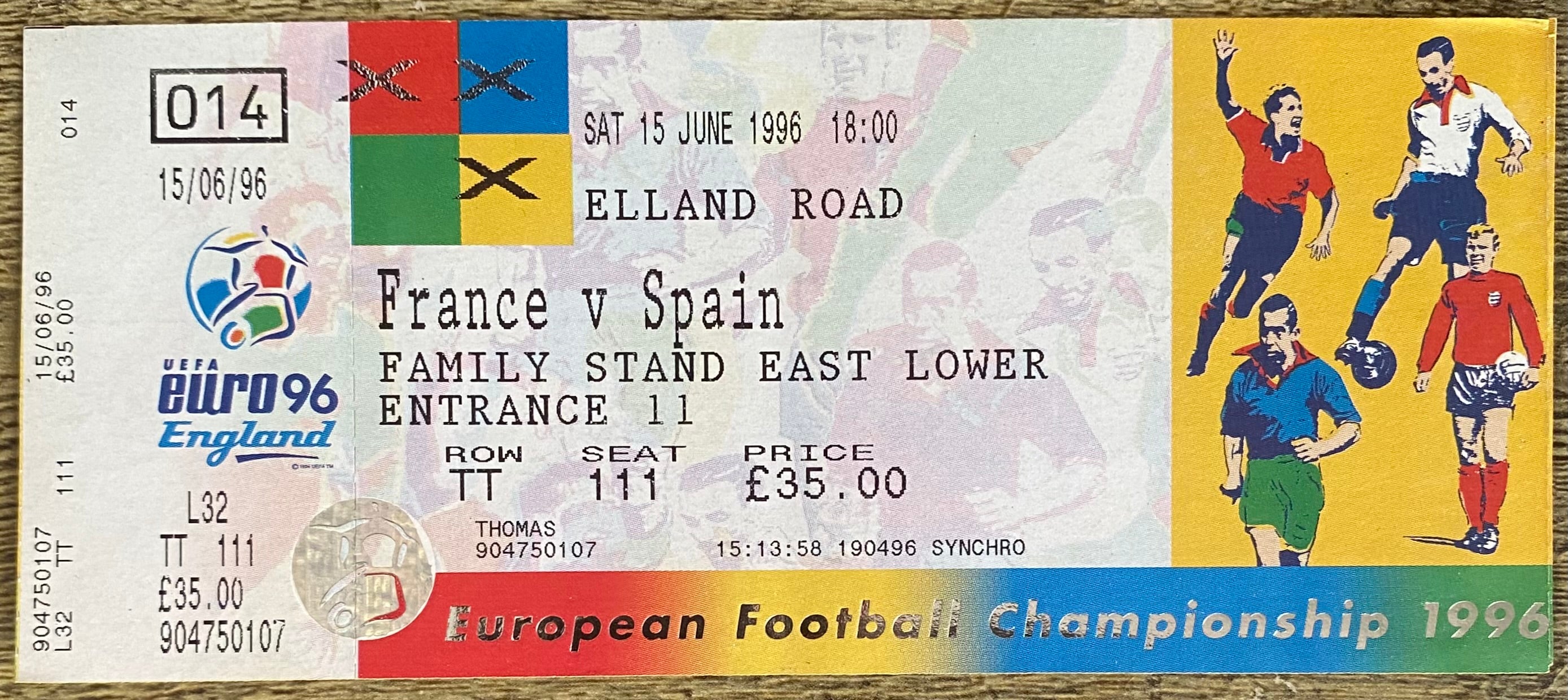 1996 ORIGINAL EUROPEAN CHAMPIONSHIPS EURO 96 UNUSED TICKET FRANCE V SPAIN @ELLAND ROAD