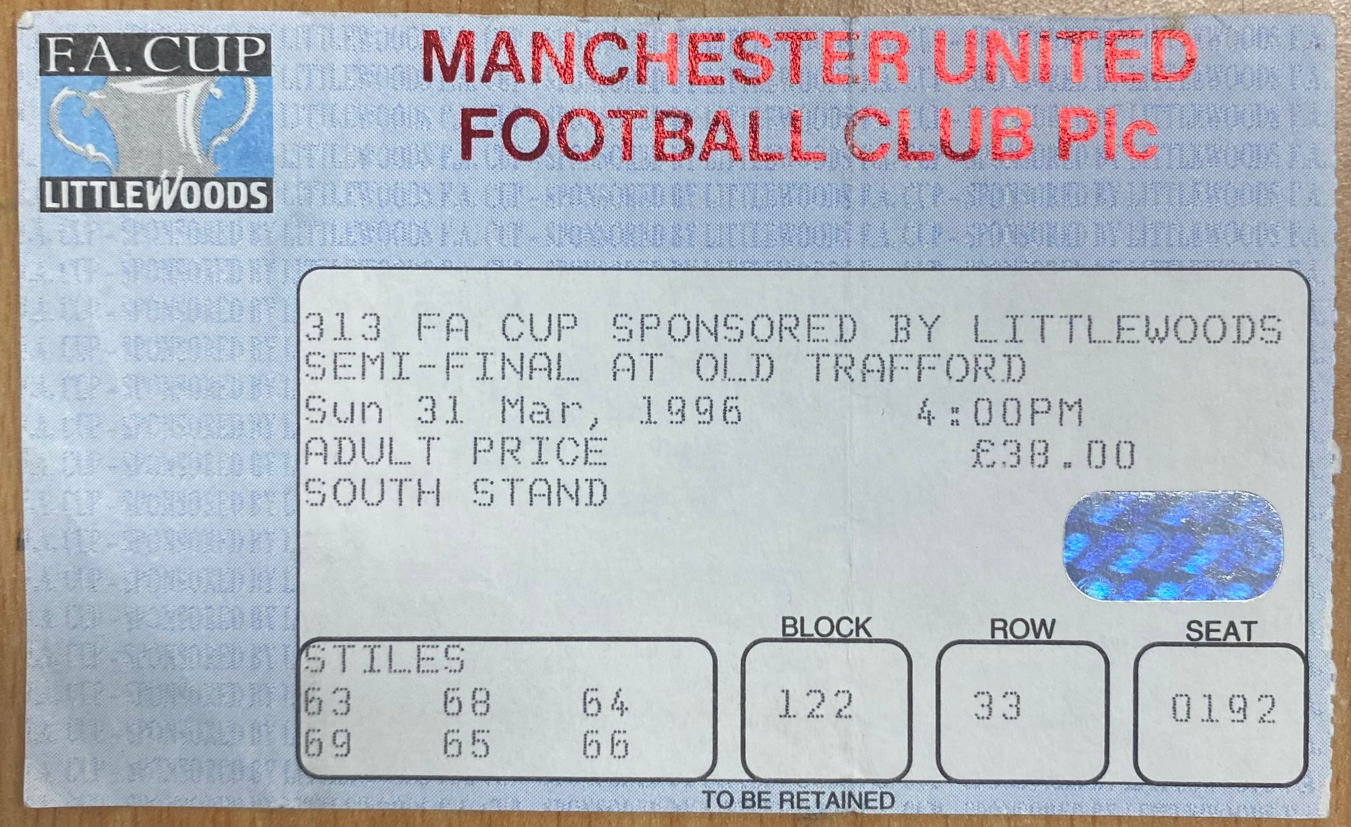 1996 ORIGINAL FA CUP SEMI FINAL TICKET LIVERPOOL V ASTON VILLA @ OLD TRAFFORD