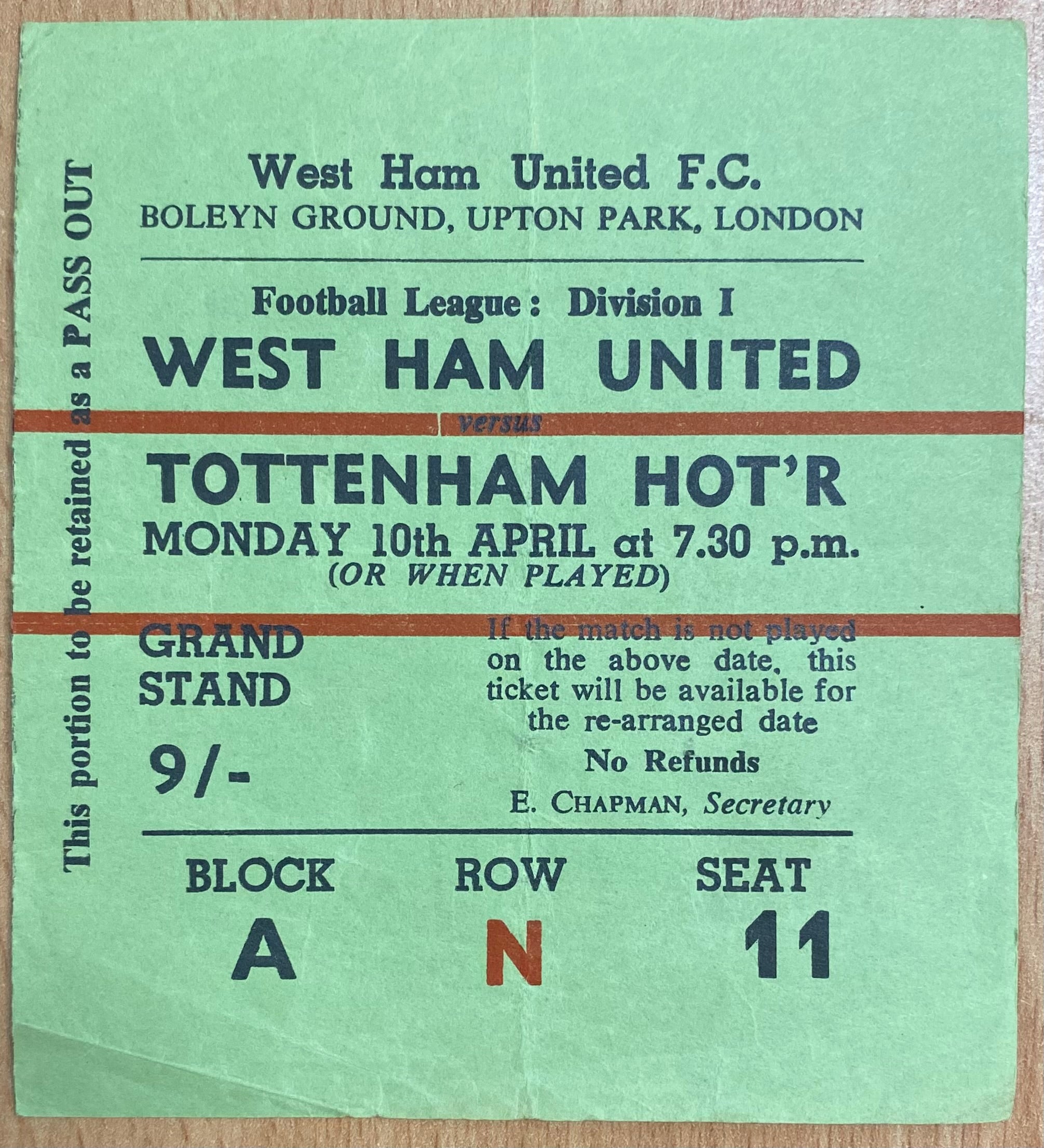 1966/67 ORIGINAL DIVISION ONE TICKET WEST HAM UNITED V TOTTENHAM HOTSPUR