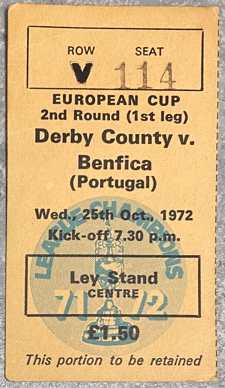 1972/73 ORIGINAL EUROPEAN CUP 2ND ROUND 1ST LEG TICKET DERBY COUNTY V BENFICA