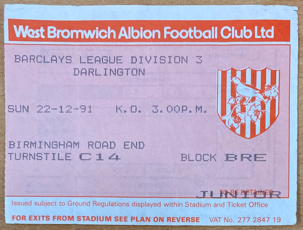 1991/92 ORIGINAL DIVISION 3 TICKET WEST BROMWICH ALBION V DARLINGTON