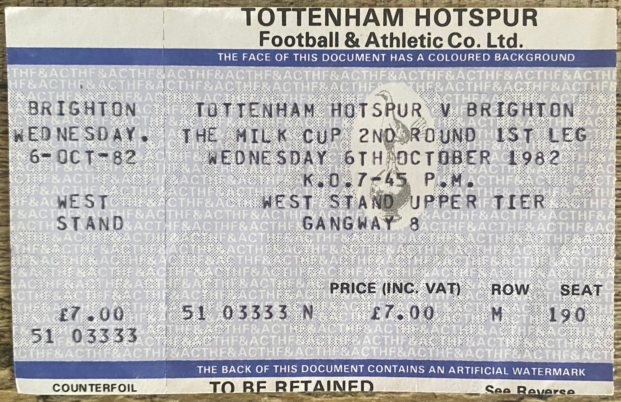 1982/83 ORIGINAL MILK CUP CUP 2ND ROUND 1ST LEG TICKET TOTTENHAM HOTSPUR V BRIGHTON AND HOVE ALBION