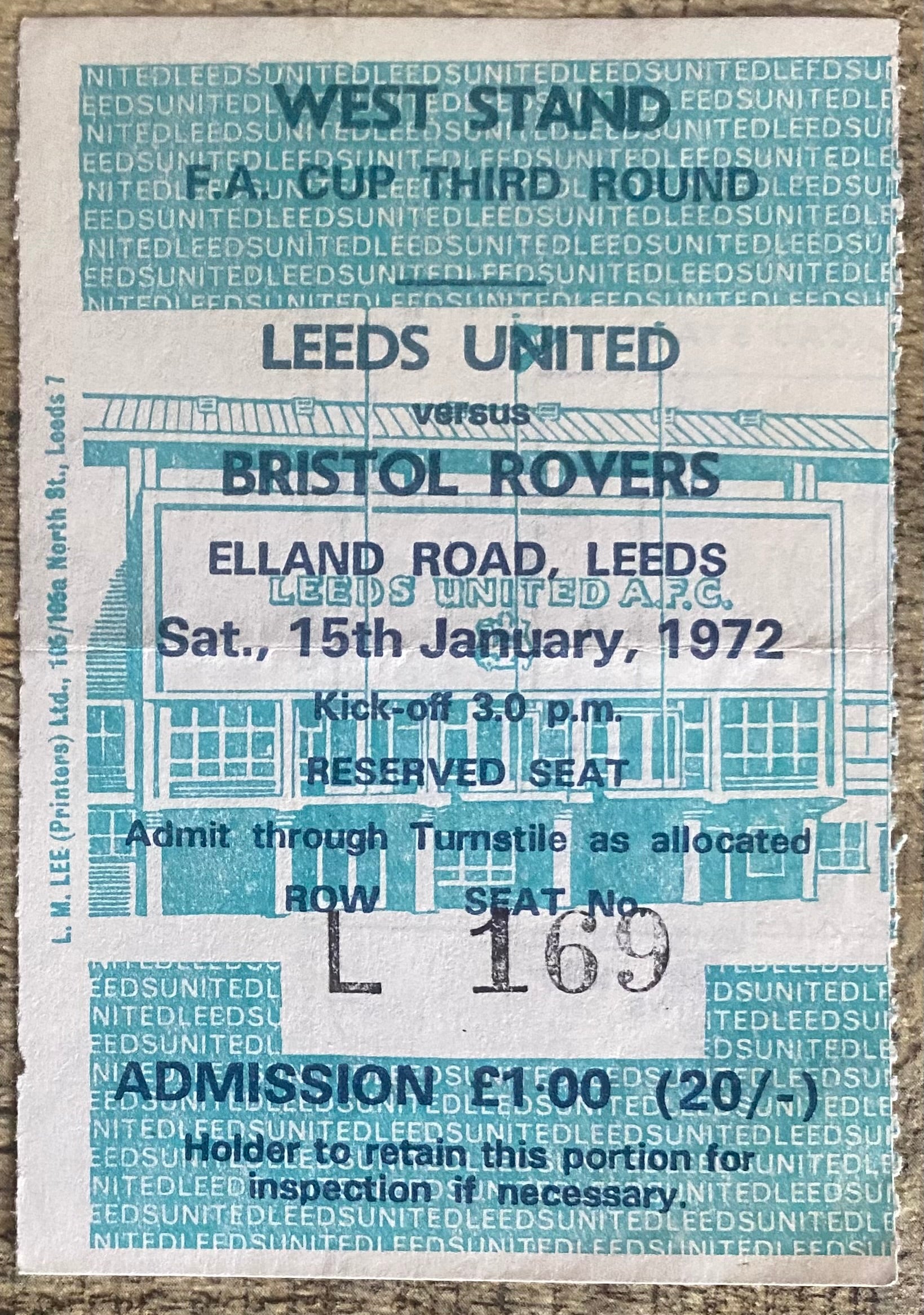1971/72 ORIGINAL FA CUP 3RD ROUND TICKET LEEDS UNITED V BRISTOL ROVERS