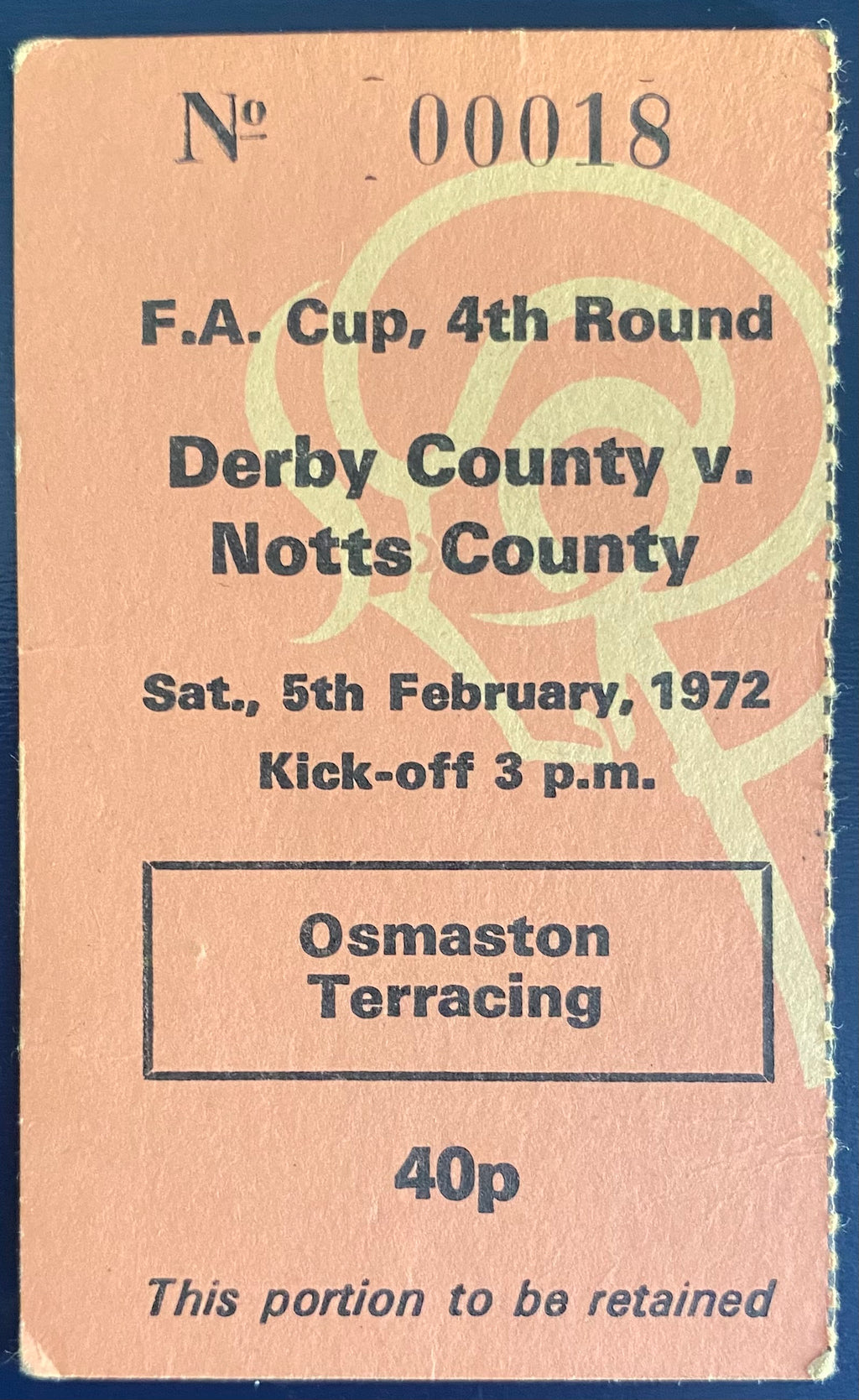 1971/72 ORIGINAL FA CUP 4TH ROUND TICKET DERBY COUNTY V NOTTS COUNTY