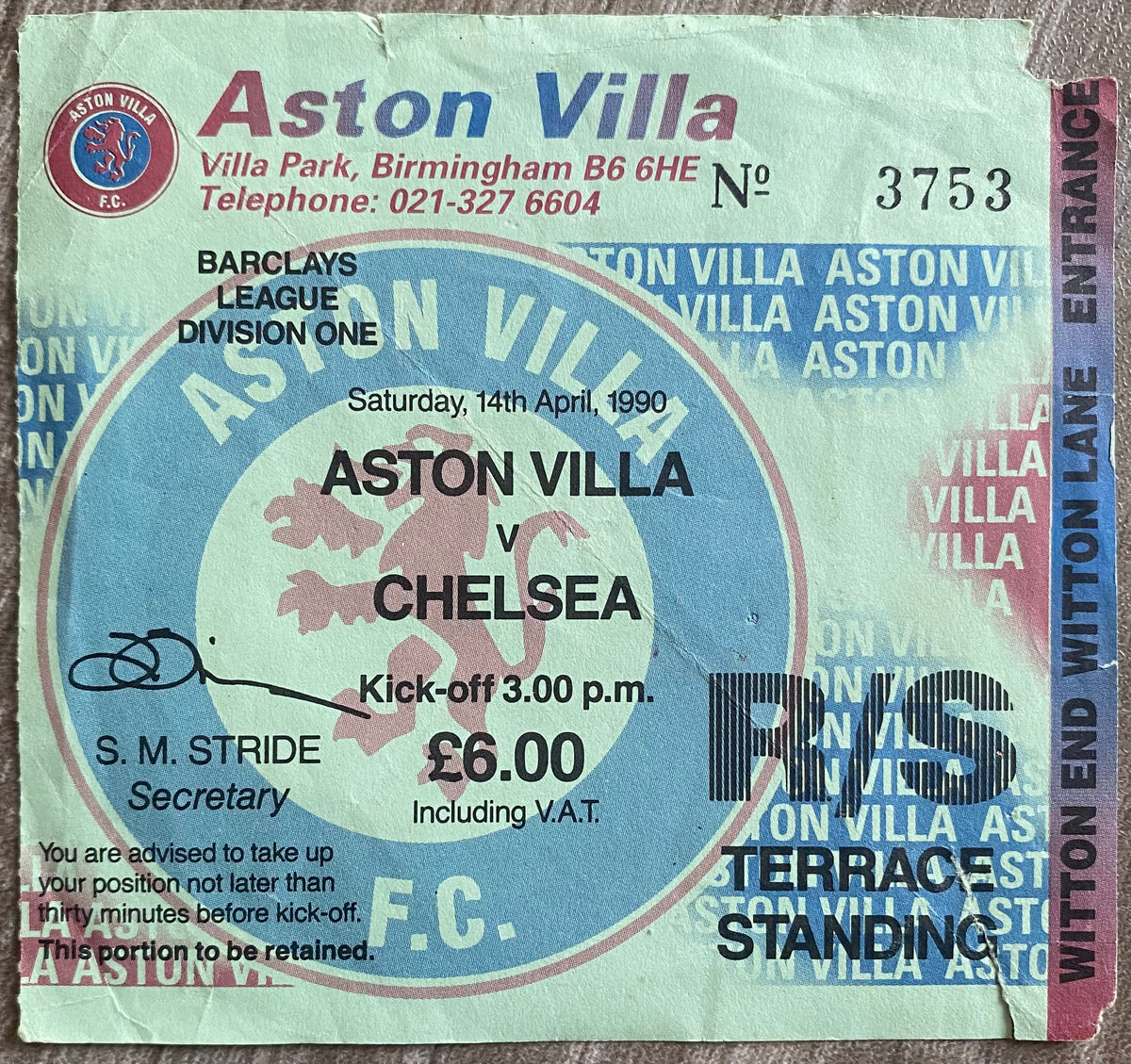 1989/90 ORIGINAL DIVISION 1 TICKET ASTON VILLA V CHELSEA