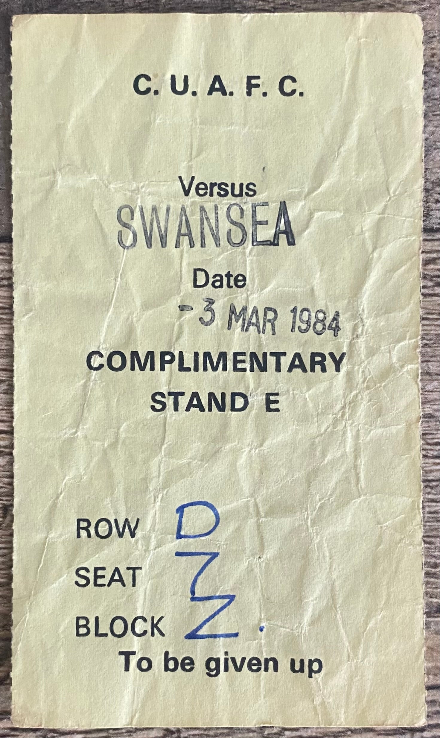 1983/84 ORIGINAL DIVISION 2 TICKET CAMBRIDGE UNITED V SWANSEA CITY