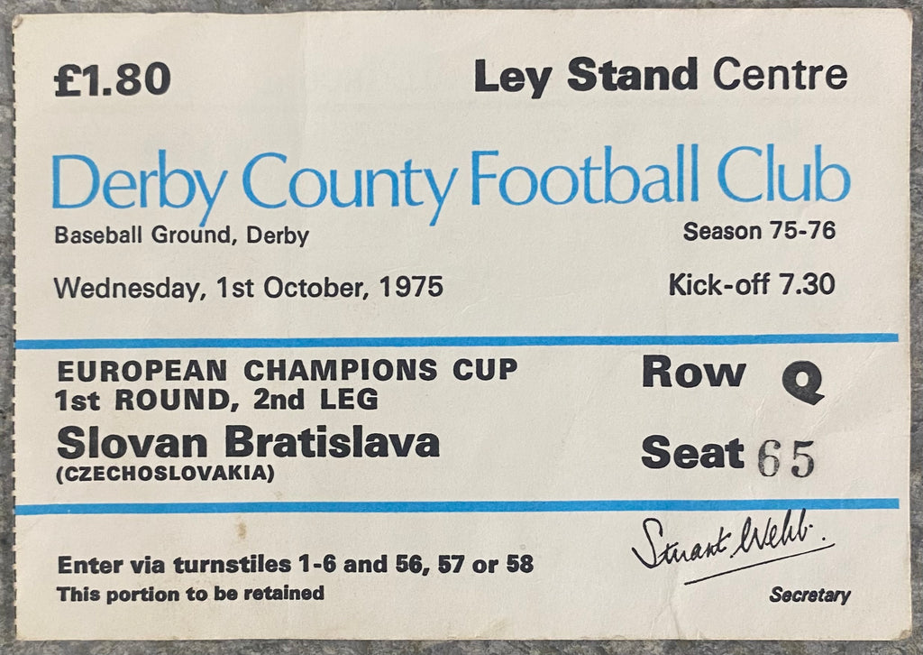 1975/76 ORIGINAL EUROPEAN CUP 1ST ROUND 2ND LEG TICKET DERBY COUNTY V SLOVAN BRATISLAVA