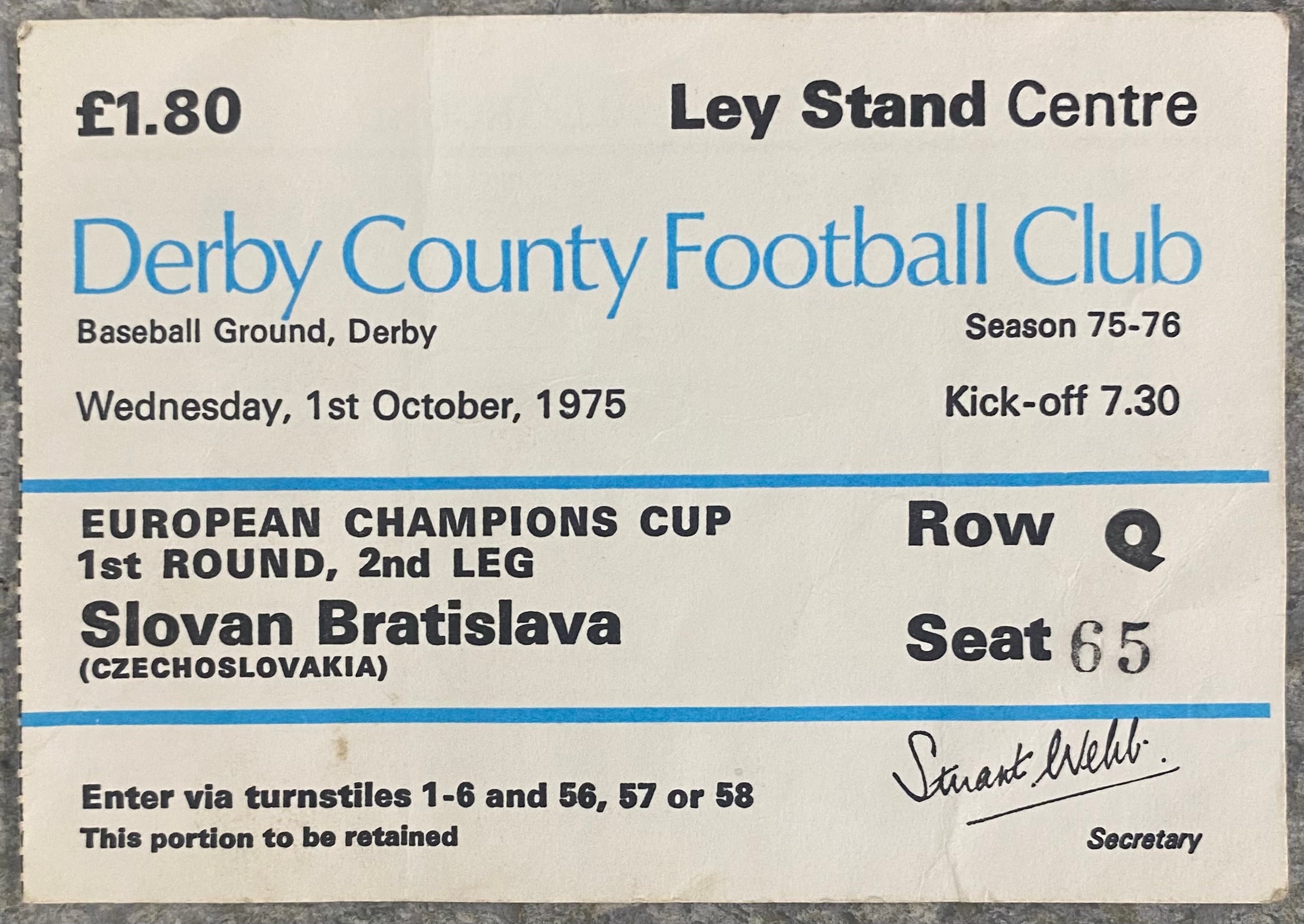 1975/76 ORIGINAL EUROPEAN CUP 1ST ROUND 2ND LEG TICKET DERBY COUNTY V SLOVAN BRATISLAVA