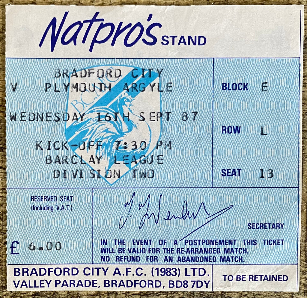 1987/88 ORIGINAL DIVISION 2 TICKET BRADFORD CITY V PLYMOUTH ARGYLE