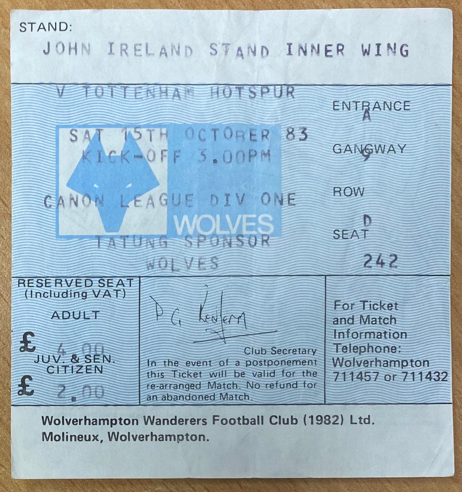1983/84 ORIGINAL DIVISION ONE TICKET WOLVERHAMPTON WANDERERS V TOTTENHAM HOTSPUR