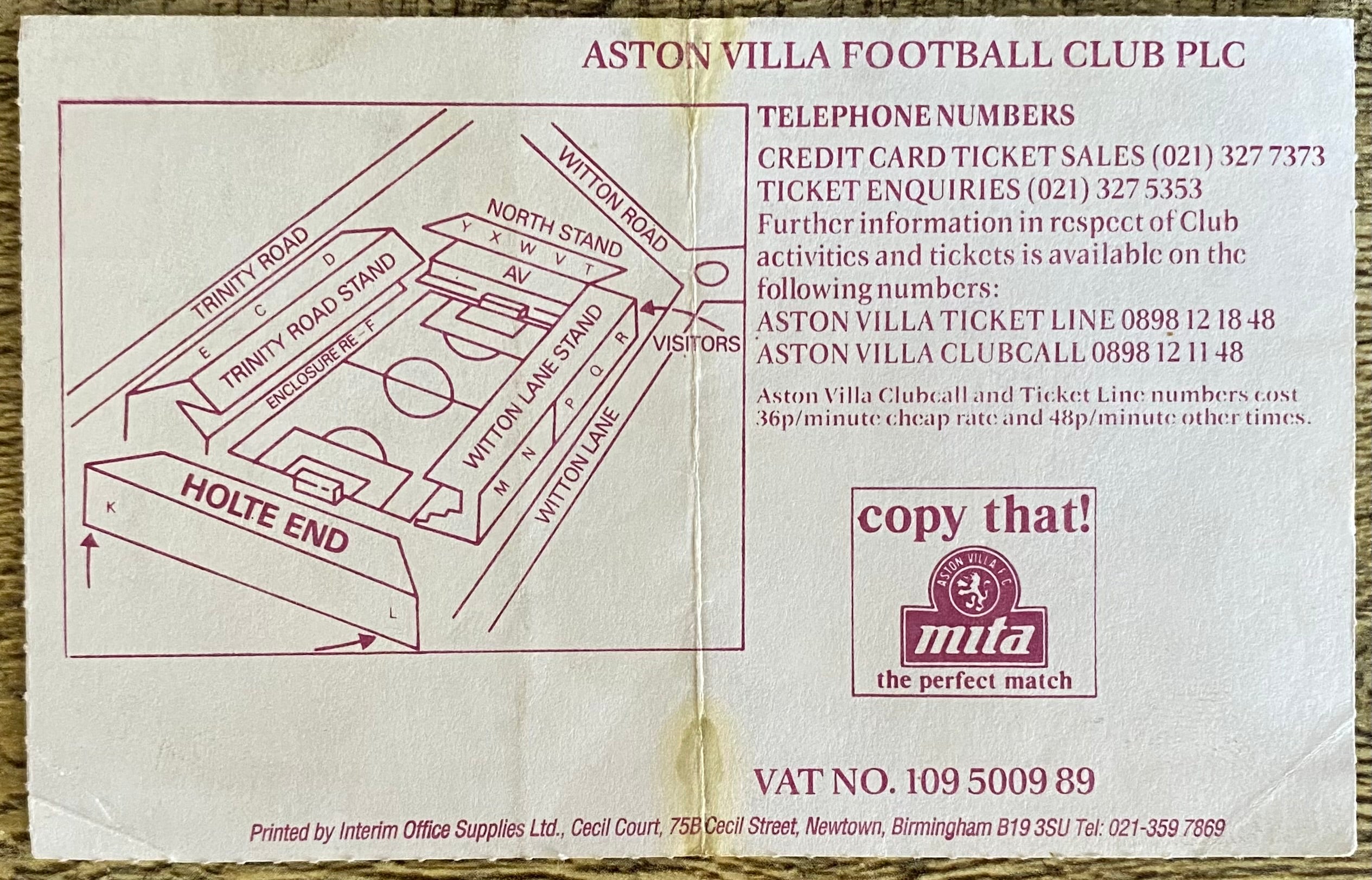 1992/93 ORIGINAL PREMIER LEAGUE TICKET ASTON VILLA V SHEFFIELD WEDNESDAY