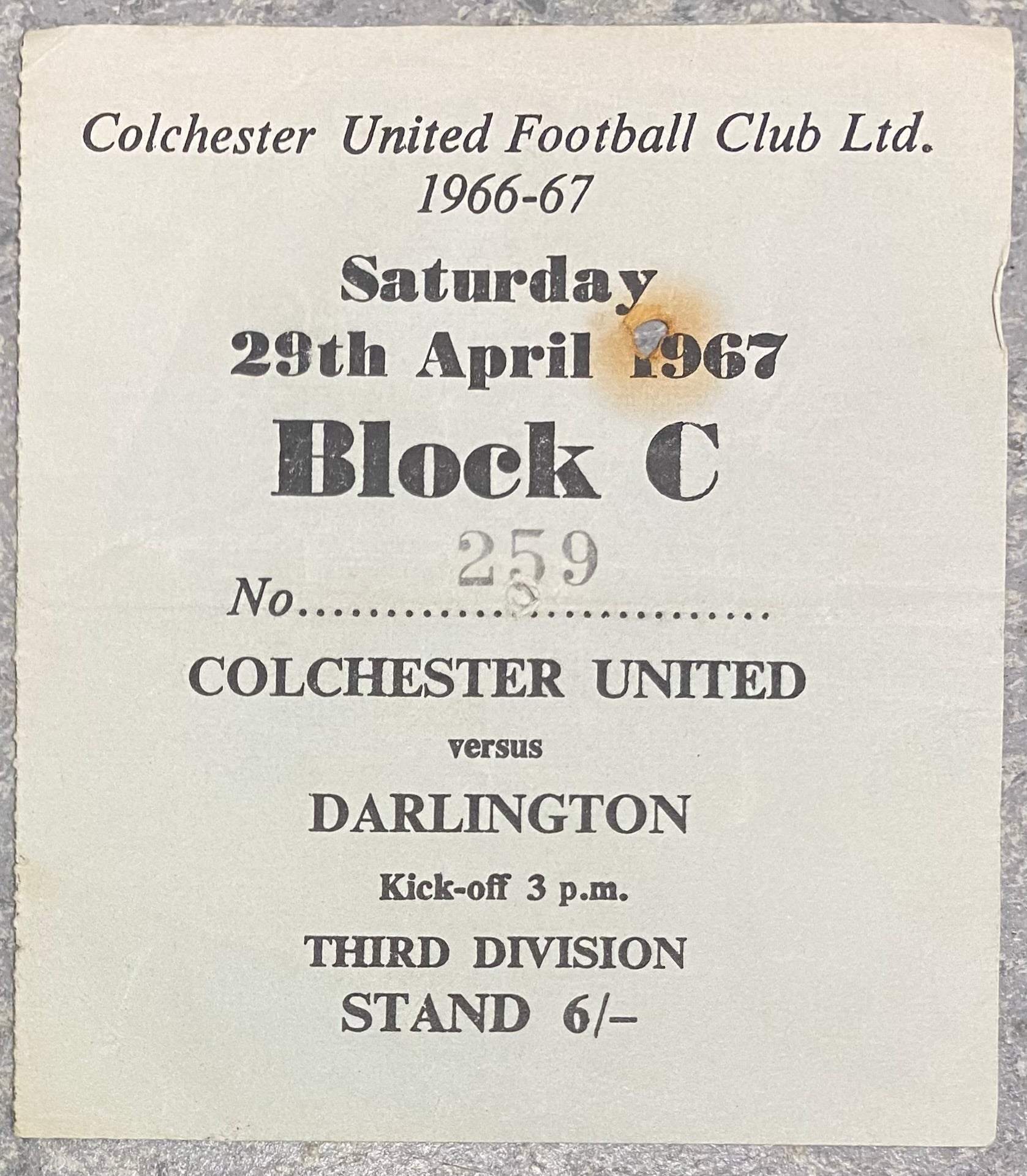 1966/67 ORIGINAL DIVISION 3 TICKET COLCHESTER UNITED V DARLINGTON