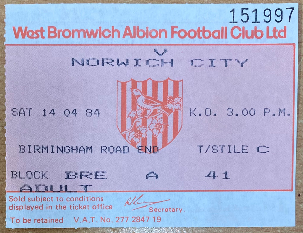 1983/84 ORIGINAL DIVISION 1 TICKET WEST BROMWICH ALBION V NORWICH CITY