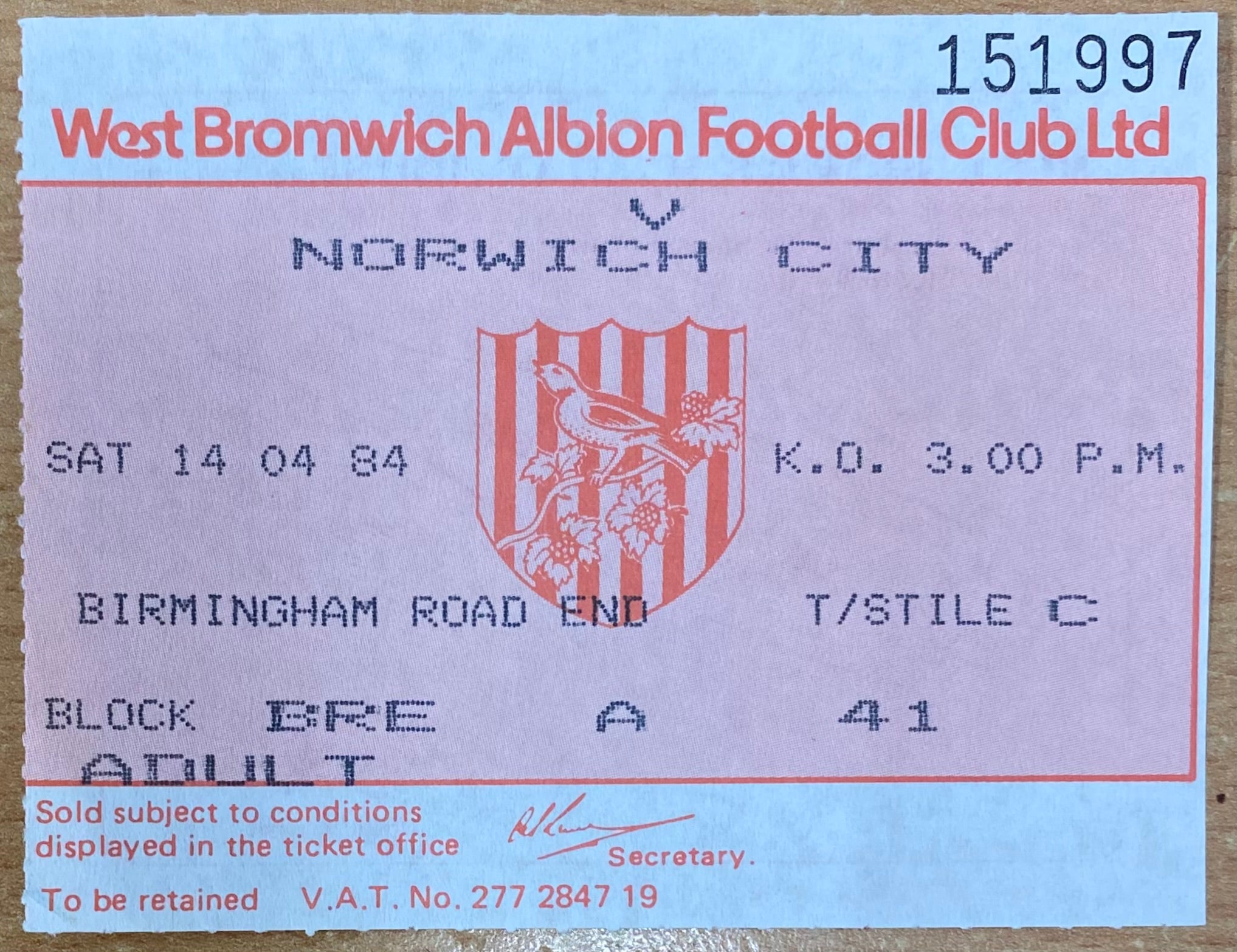 1983/84 ORIGINAL DIVISION 1 TICKET WEST BROMWICH ALBION V NORWICH CITY
