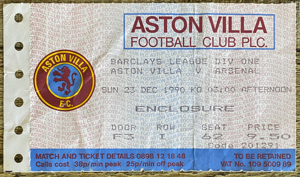 1990/91 ORIGINAL DIVISION 1 TICKET ASTON VILLA V ARSENAL