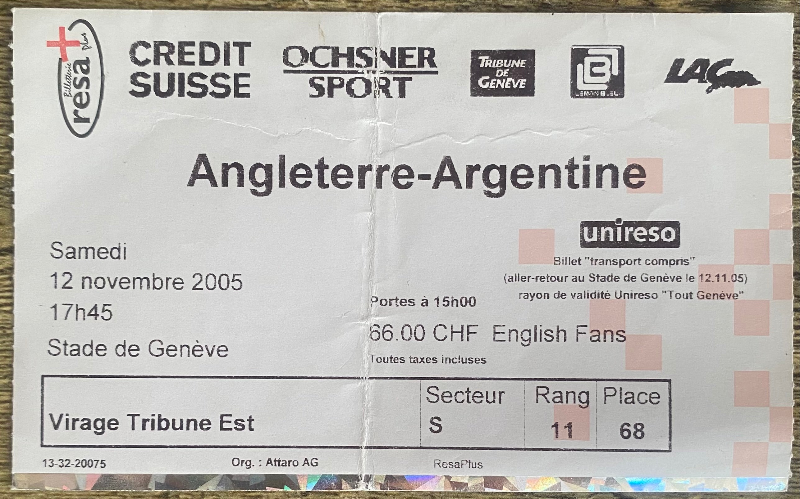 2005 ORIGINAL INTERNATIONAL TICKET ENGLAND V ARGENTINA @ GENEVA