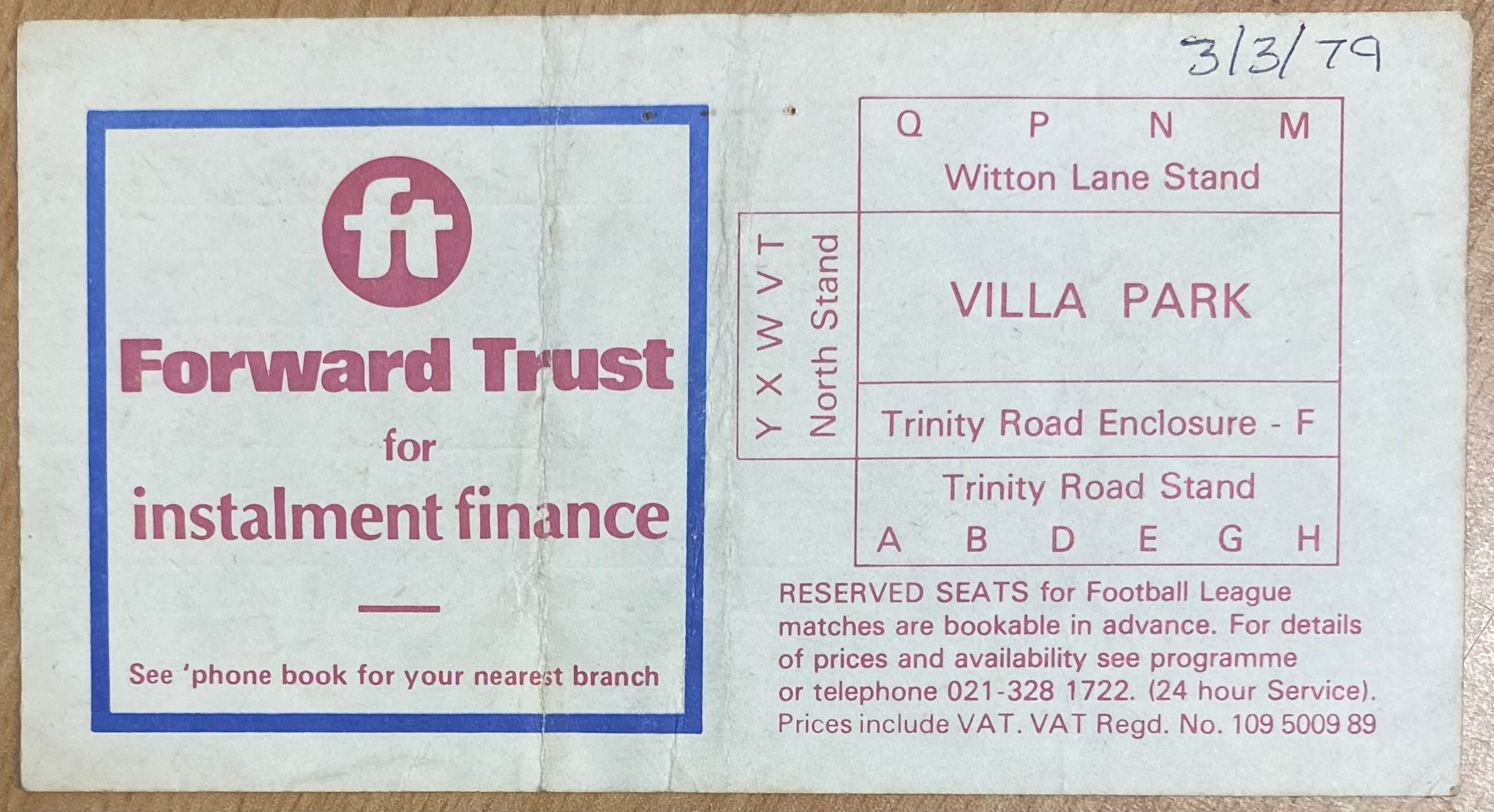 1978/79 ORIGINAL DIVISION 1 TICKET ASTON VILLA V BIRMINGHAM CITY