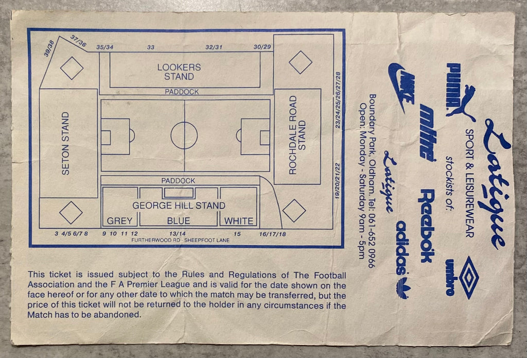 1993/94 ORIGINAL FA PREMIERSHIP TICKET OLDHAM ATHLETIC V WEST HAM UNITED