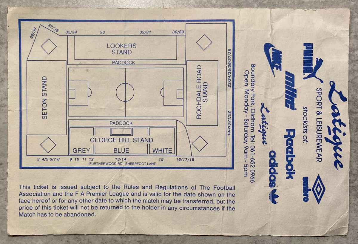 1993/94 ORIGINAL FA PREMIERSHIP TICKET OLDHAM ATHLETIC V WEST HAM UNITED